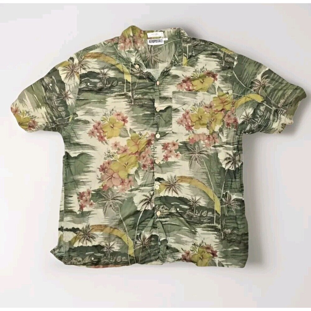 Aeropostale Hawaiian Shirt Mens XL Button Up Green Floral Short Sleeve